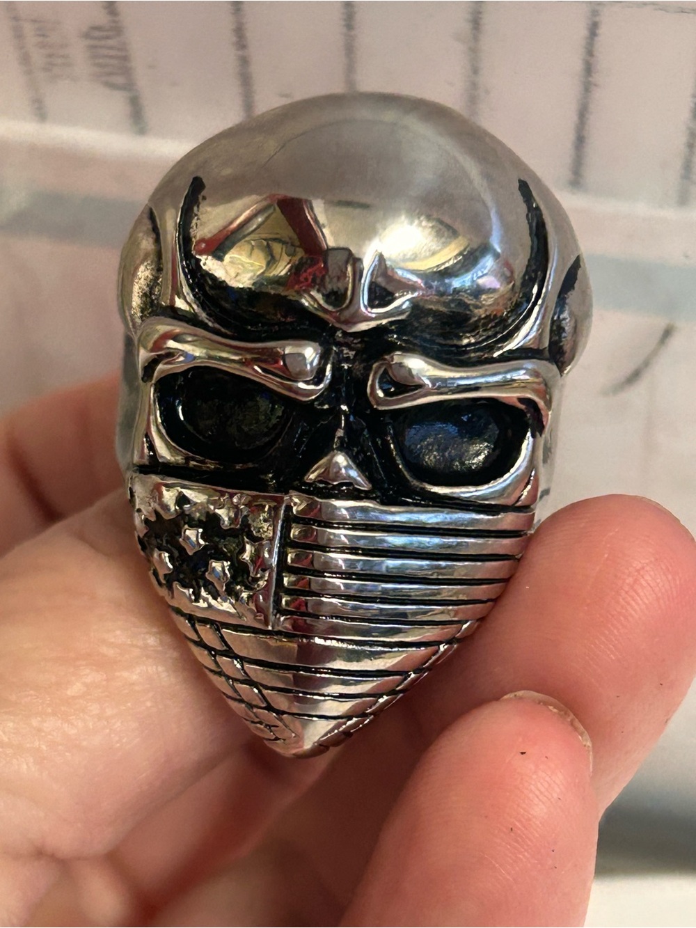 Men's Silver Skull Bandana Ring with Flag Detail
